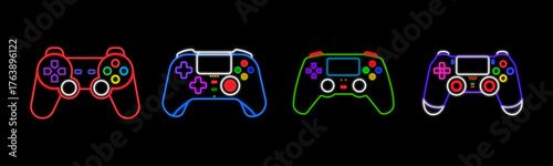 Neon Game Controllers Set Vector Illustration: Joystick Icons for Gaming, Streaming, Technology, AI Editable File