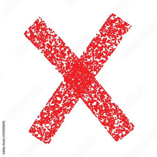 A red x cross mark made of small dots on a white background with an abstract and textured appearance