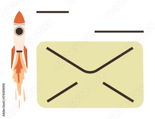 Rocket launching next to an envelope representing rapid message delivery, growth, and digital marketing success. Ideal for email campaigns, innovation, business growth, efficiency, technology