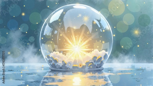 Enchanting glass globe with sparkling light and snow inside