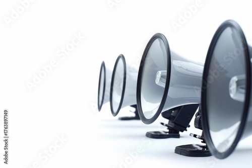 Amplification of the Voice: A row of megaphones stands poised, signifying a message on the verge of being broadcast, ready to command attention and make a significant impact.
