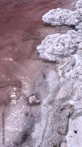Kuyalnik Estuary, black dust and debris on the surface of the water, self-precipitating table salt on the bottom of a drying estuary