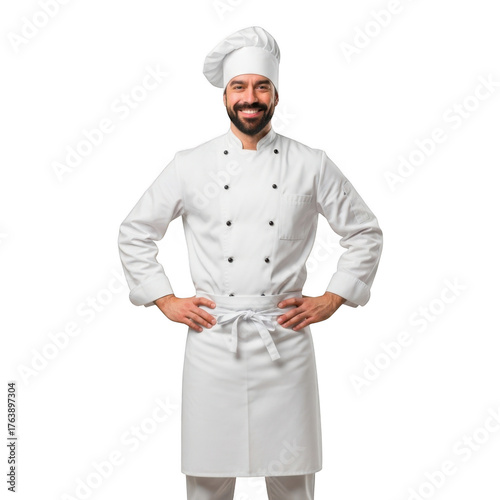 A smiling male chef wearing a traditional white uniform and hat stands confidently with his hands on his hips isolated on transparent background