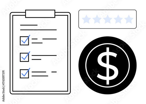 Checklist with marked tasks, five-star rating, and dollar symbol. Ideal for goals, performance tracking, evaluation, success measurement, productivity, business management simple flat metaphor