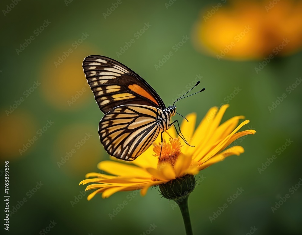 Fototapeta premium Striking close up view of butterfly on yellow flower. Monarch enjoys nectar on colorful blossom in vibrant garden. Flora and fauna on green background. Insect rests on plant.