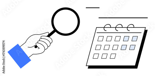 Hand holding magnifying glass focused on a calendar with marked dates. Ideal for scheduling, planning, organization, time management, event tracking, task prioritization, productivity. Simple flat