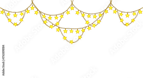 Festive glowing yellow star shaped string lights creating a decorative garland isolated on transparent background