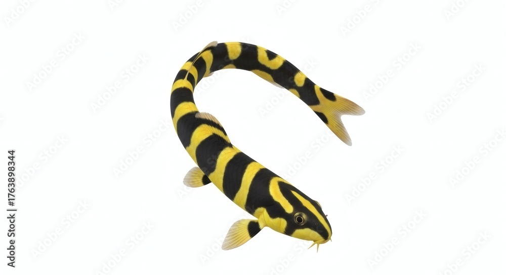 Obraz premium Kuhli Loach Isolated Pangio Fish, Black and Yellow Stripe Pattern, isolated on white background