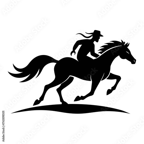 Silhouette of a cowboy riding a galloping horse with a flowing mane and tail