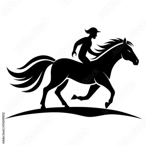 Silhouette of a jockey riding a galloping horse with a flowing mane and tail