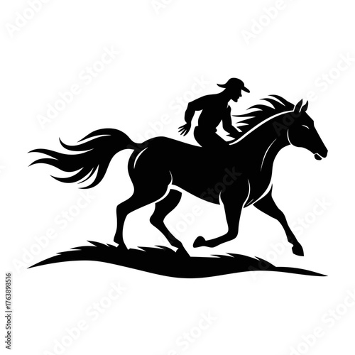 Silhouette of a jockey riding a galloping horse in a dynamic illustration