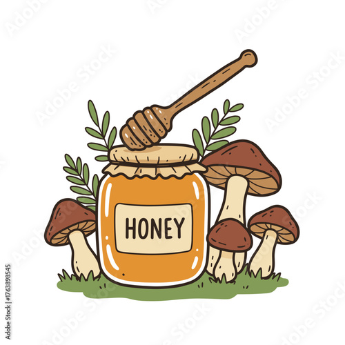 Honey jar with honey dipper surrounded by mushrooms and leaves  
