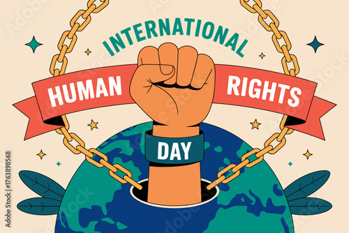 International Human Rights Day Illustration with Raised Fist and Earth Supporting Freedom and Equality for All