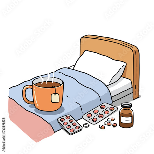 Cozy bed with tea and medication on bedside table  