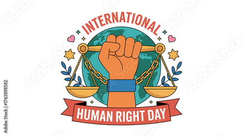 International Human Rights Day Celebration with Justice Scale and Raised Fist Symbolizing Freedom and Equality for All