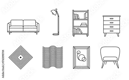 Outline Illustration of Modern Interior Design Elements for Living Space Concept Sofa Lamp Bookshelf and Decoration
