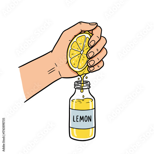Hand squeezing lemon over bottle labeled lemon  