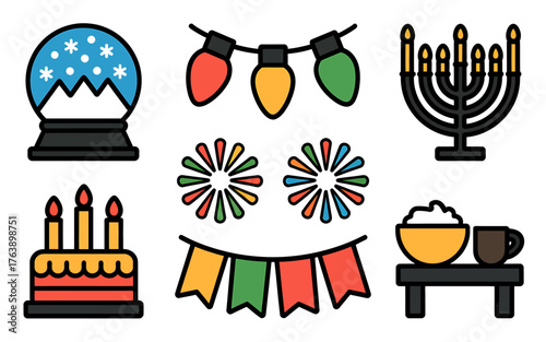Festive Holiday Icons Collection Representing Celebrations Including Christmas Hanukkah and Birthdays with Traditional Decorations