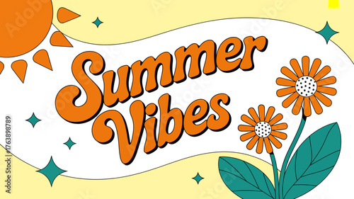 Retro Summer Vibes Illustration with Orange Sun and Flowers on Yellow Background Design