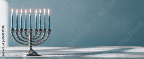 Wallpaper Mural Hanukkah menorah with blue candles burning on wooden table, Jewish festival of lights celebration background Torontodigital.ca