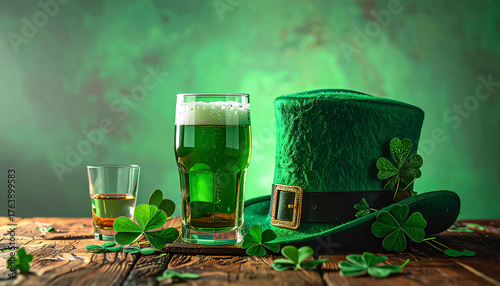 St. Patrick's Day - shamrocks, leprechaun hat, beer and whiskey on rustic wooden table, light green emerald soft light, no people, clean composition, signature mood