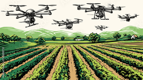  Agricultural drones spraying crops over farmland for modern farming presentations and agricultural technology graphics