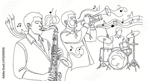 Photography Dynamic jazz band electrifies with saxophone, trumpet, and drums, creating vibrant musical energy and a captivating performance vibe