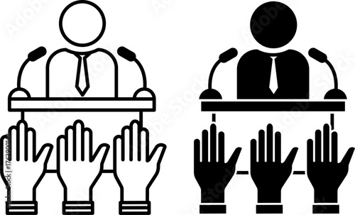 Democracy icons. Black and White Vector Illustration. President and Human Hands. Form of Government Where All Power Belongs to the People. Election concept