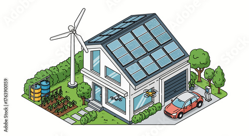 Sustainable smart home showcases eco-friendly living with solar, wind, garden, and electric car charging station