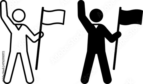 Patriotism Icons. Black and White Vector Illustrations. Man with a Flag, Patriot. Love for One's Country, Pride in It, and Willingness to Act in Its Interests. Election Concept