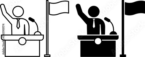 President Icons. Black and White Vector Illustrations. The President Waving His Hand Behind the Podium, Head of State. Flag, and Microphone. Election Concept