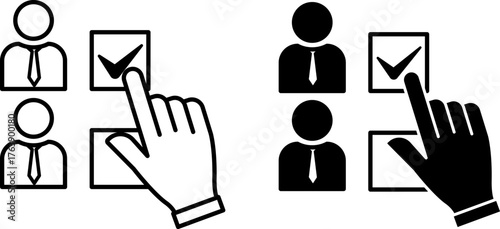 Voting icons. Black and White Vector Illustration. The Human Hand Puts a Tick for Its Candidate. Election of a Representative to the Authorities. Election concept