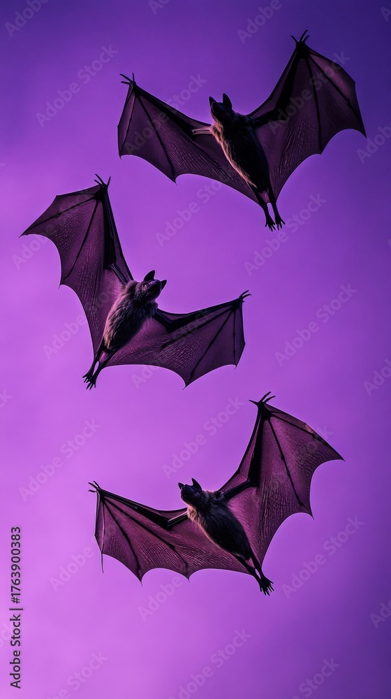 Fototapeta premium Flying Bats Soar Against a Purple Sky at Dusk