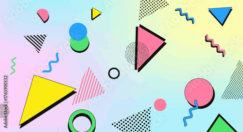 Vibrant 80s style geometric shapes floating in pastel space for retro designs, fun backgrounds, and bold creative projects that pop with color