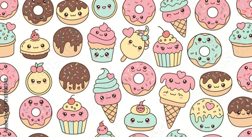 Sweeten your designs with delightful kawaii treats! Seamless pattern featuring colorful donuts, cupcakes, and ice cream, perfect for adding playful charm.