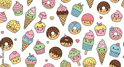 Delightful kawaii ice cream cones, donuts, and cupcakes create a vibrant, playful pattern perfect for sweet treats and cheerful designs