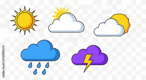 Vibrant weather icons showcase sun, clouds, rain, and lightning for dynamic forecasting and educational content creation