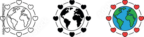 Global love and unity concept three earth models with encircling hearts graphic