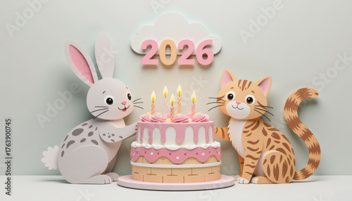 Pastel paper cut, animal paper art for festive Christmas and New year decoration holiday. A rabbit and a cat celebrating a birthday with a cake and candles, marked with the year 2026.