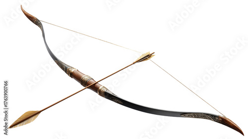 Traditional wooden bow and arrow with ornate details symbolizing archery, hunting, precision, and medieval craftsmanship concept on white background