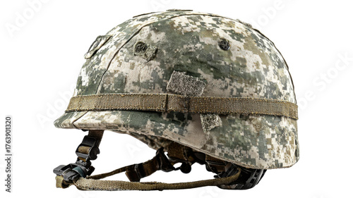 Camouflage military helmet with digital pattern and chin strap, tactical army protective gear for soldier equipment concept on white background
