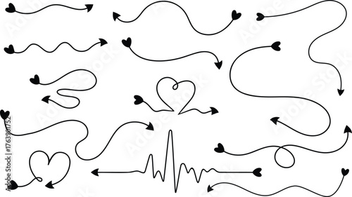 Vector set of arrow line with heart