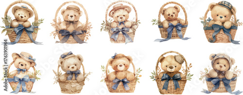 Watercolor Teddy Bears in Baskets Clipart