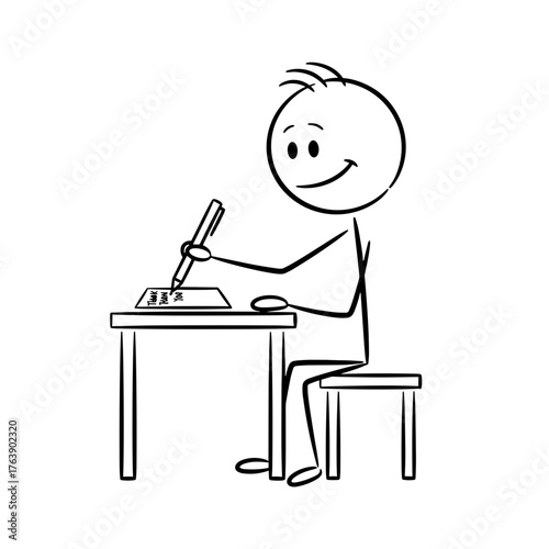 Stick figure writing a letter of gratitude while sitting at a desk  
