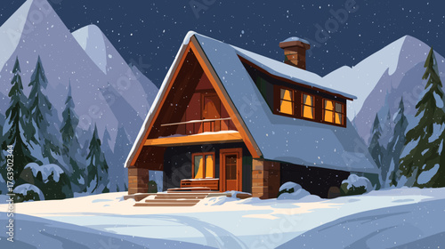alpine hut under snowfall