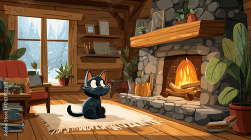 Barn cat near fireplace
