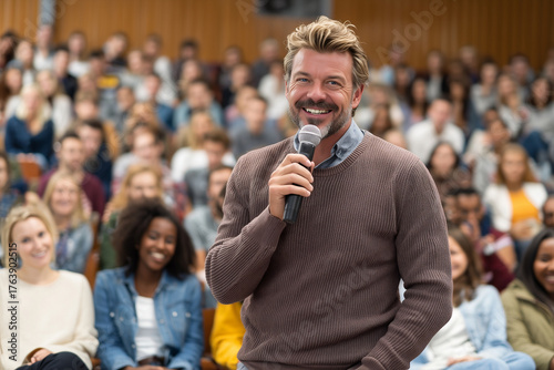 professor giving talk students university microphone stage seminar lecture