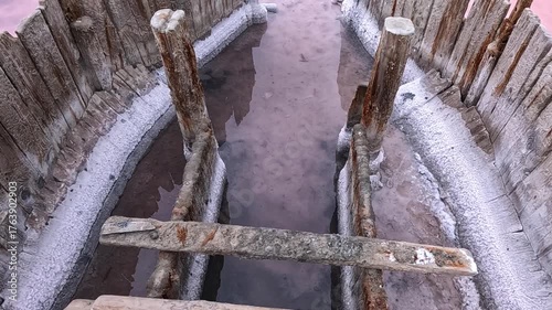 Kuyalnik Estuary, table salt crystallized on old wooden piles and on the bottom of a drying estuary