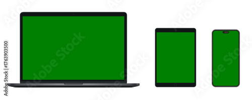 Device screen mockup. Smartphone, tablet and laptop with green screen for you design. Realistic models, mockup collection, Vector 