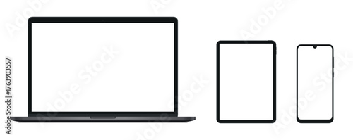 Device screen mockup. Smartphone, tablet and laptop with white screen for you design. Realistic models, mockup collection, Vector 
